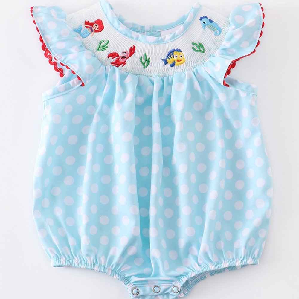 Smocked Polka Dot Mermaid Bubble Romper - Light Blue